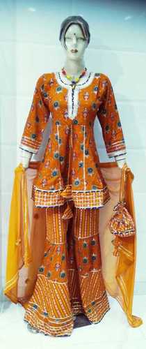 Orange Color Readymade Ethnic Printed Cotton Sharara Suit For Ladies Decoration Material: Paint