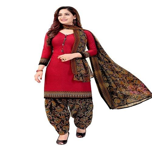 Indian Red Color Unstitched Multicolor Printed Salwar With Chiffon Dupatta