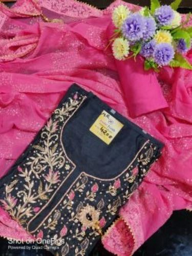 Exceptionally Soft Black And Multi Color Premium Embroidered Single Suit Fabric With Sequin Pink Dupatta