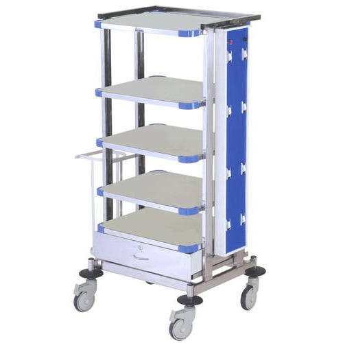 Stainsteel Blue And White Moveable And Portable Powder Coated Stainless Steel Laparoscopic Trolley With Five Racks And Four Wheels
