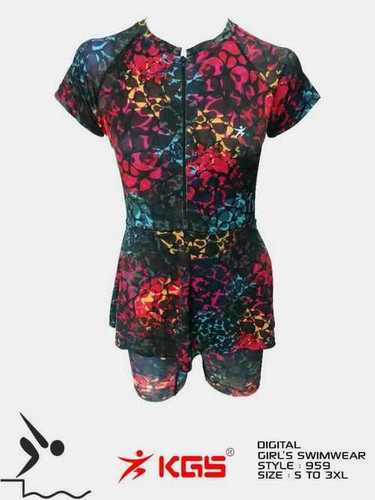 Multicolor Digital Girls 100% Laycra Swimwear With Full Neck And Front Zip Line With Frock Style