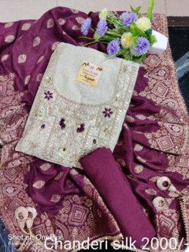 Indian Eye-Catching Patterns And Unique Look Embroidery Chanderi Silk Ladies Suit