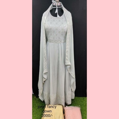 Indian Georgette Grey Fancy Skin Friendly And Unique Look Ladies Gown With Grey Dupatta