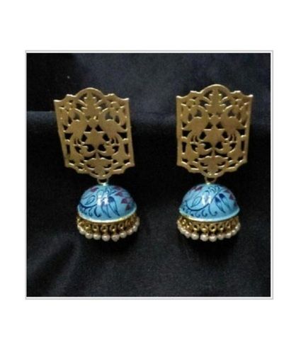 Perfect Shape And Polished Finish Golden Color With Sky Blue Color Hand Painted Earring Gender: Women