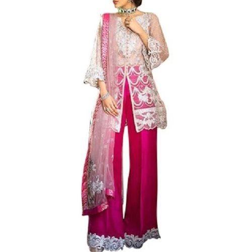 Washable Pink And White Full Sleeves Wedding Wear Regular Fit Skin Friendly Ladies Net Salwar Kameez With Jacquard Work And Zari Work