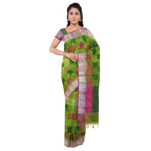 Banarasi Cotton Printed Saree With Blouse Piece - Color: Green And Pink