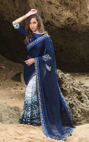 Blue And White Casual Wear Skin Friendly Ladies Georgette Plain And Printed Saree With Eye Catchy Look