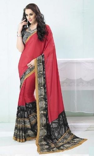 Spring Red And Black Casual Wear Skin Friendly Ladies Silk Plain And Printed Saree With Trendy Look