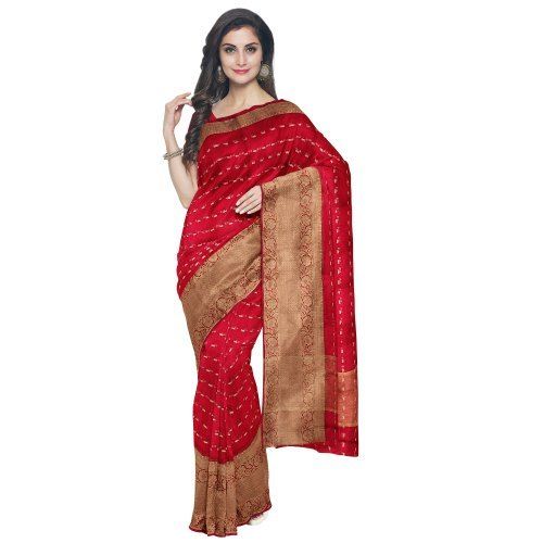 Winter Red Casual Wear Skin Friendly Ladies Banarasi Crepe Printed Saree With Blouse Piece