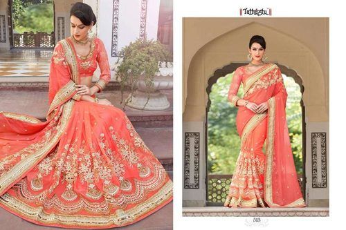 Salmon Orange Bridal Wear Skin Friendly Ladies Georgette Embroidered Saree With Lace Border