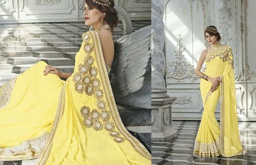 Yellow Party Wear Skin Friendly Ladies Designer Georgette Plain Saree With Gorgeous And Beautiful Look