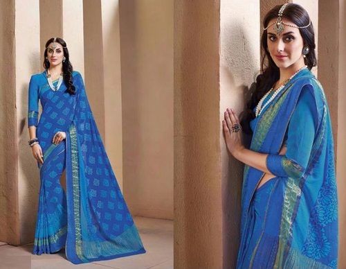 Spring Beautiful And Gorgeous Casual Wear Skin Friendly Ladies Blue Chiffon Printed Saree 