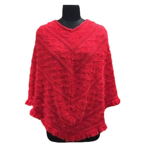 Wool Knitted Poncho - Free Size, V-neck, Full Sleeves, Red | Soft And Warm, Skin Friendly, Easy Washable, Colour Fastness