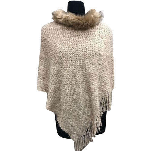 Ladies Winters Knitted Fur Wool Poncho - Color: Off White
