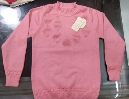 Wool Pink Casual Wear Round Neck Full Sleeves Baby Girls Plain Woolen Pullover Sweater
