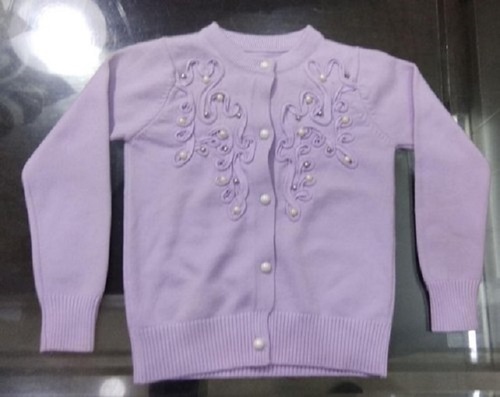 Wool Purple Casual Wear Round Neck Full Sleeves Baby Girls Woolen Cardigan Sweater