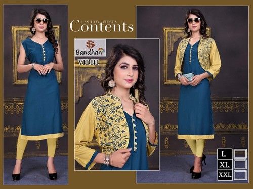 Blue Sober And Trendy Exclusive Reyon Kurti With Koti Work