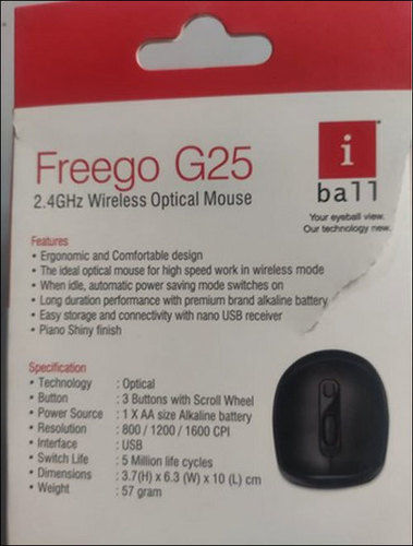  iBall Freezo G25 वायरलेस ऑप्टिकल ब्लैक माउस, स्क्रॉल व्हील के साथ 3 बटन, 57Gm आवेदन: कंप्यूटर