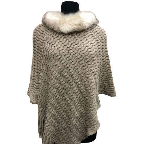 Wool Knitted Poncho - Free Size , Pigeon Gray Color, Full Sleeves, Skin Friendly, Soft and Warm Winters Wear