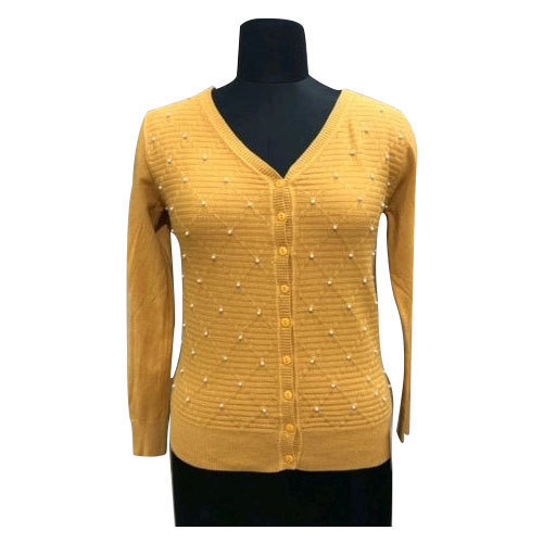 Wool Mustard Yellow Casual Wear V-Neck Full Sleeves Regular Fit Ladies Woolen Cardigan Sweater