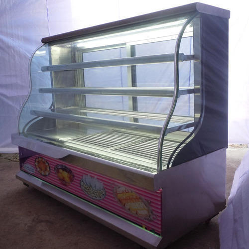 Silver Stainless Steel Sweets Display Counter For Shop With Curved Shape And 3 Shelves 