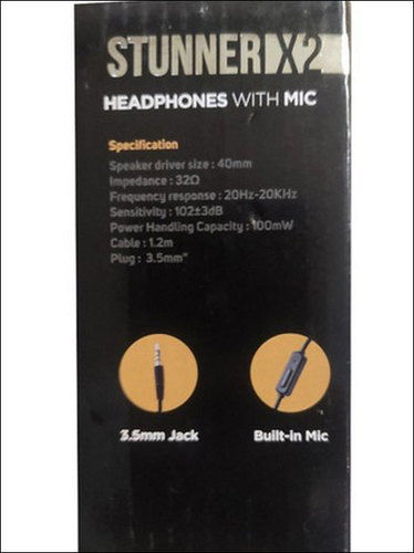 Black Stunner X2 Wired Headphones With Microphone, 100Mw, 20Hz-20Khz