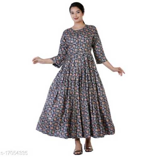 As Per Photo Designer Printed 3/4Th Sleeves Long Cotton Anarkali Kurtis