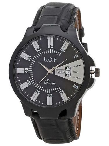 Wristwatch Round Dial Analog Office Wear Mens Watch With Black Color Leather Strap And Six Month Warranty