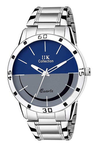 Blue Analog Fashion Mens Wrist Watch With Round Shape Dial, Day And Date Display Color Of Band: Silver