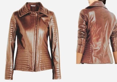 Winter Brown Color Zipper Closure Full Sleeve And Plain Design Anti Wrinkle Leather Womens Jackets