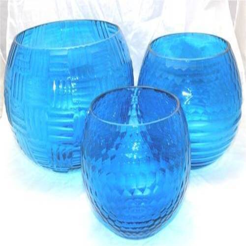 Hand Cut Finishing Decorative Transparent Blue Round Shape Set Of Flower Vase