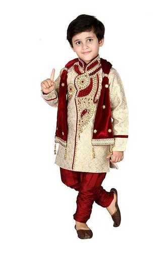 Party Wear Full Sleeve Silk Fabric Attractive Embroidered Kids Sherwani
