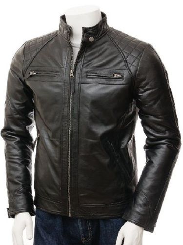 Winter Zipper Closure Black Color Full Sleeve Plain Design Mens Leather Jackets With Two Front Pocket