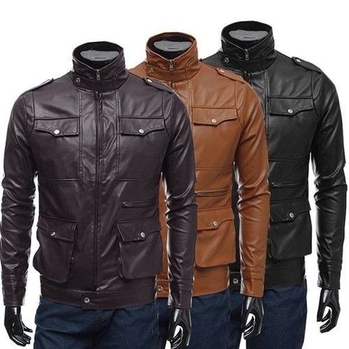 Zipper Closure Full Sleeve And Plain Design Leather Mens Jackets With Four Front Pocket