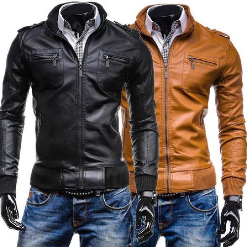 Winter Zipper Closure Full Sleeve And Plain Design Leather Mens Jackets With Two Front Pocket