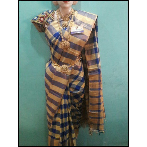 Casual 6.3 Meter Handmade Cream And Blue Cotton Silk Saree With Blouse Piece