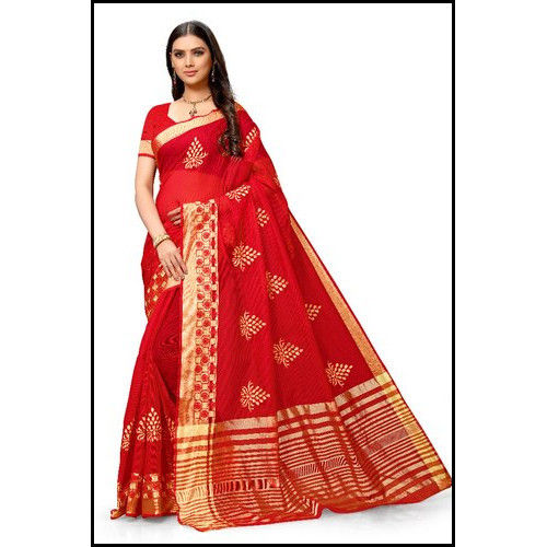 Red 6.3 Meter Party Wear Printed Kota Doria Saree With Blouse Piece