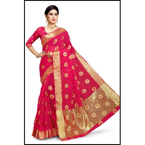 6.3 Meter Party Wear Rani Manipuri Kota Minakari Saree With Blouse Piece