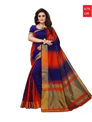 Blue And Red Casual Wear Ladies Woven Bhelpuri Cotton Saree With Blouse Piece