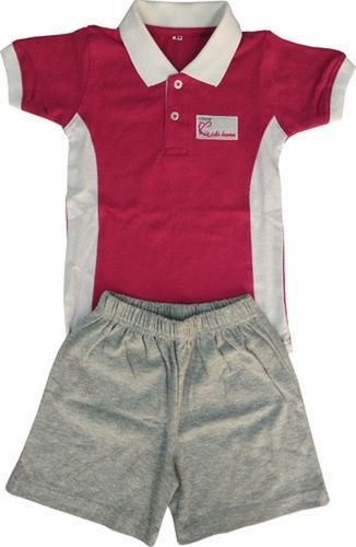 Maroon/Grey School Uniform Poly Cotton Polo Collar T-Shirt And Shorts Combo Age Group: 5-15