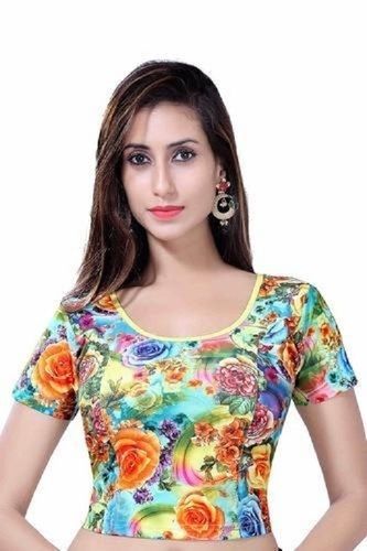 Multi Colors Party Wear Half Sleeves Regular Fit Round Neck Ladies Stretchable Lycra Printed Blouse