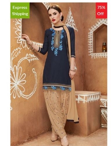 Indian Navy Blue 3/4Th Sleeves Ladies Bhelpuri Cotton Embroidered Patiala Suit With Printed Bottom And Dupatta