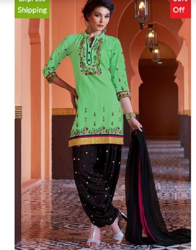 Indian Pista Green 3/4Th Sleeves Ladies Bhelpuri Cotton Embroidered Patiala Suit With Printed Bottom And Dupatta