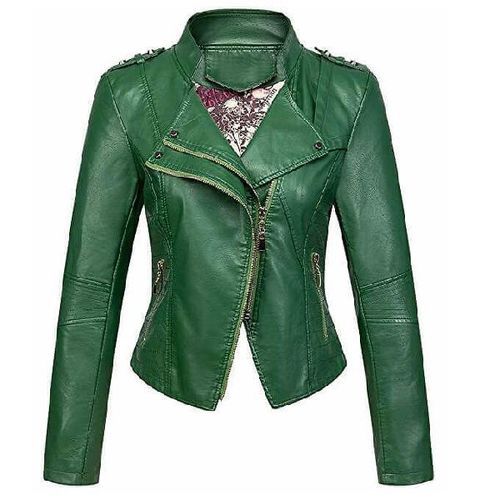 Green Color Full Sleeve Xs To Xl Size Ladies Leather Jacket With Zipper Closure For Winters