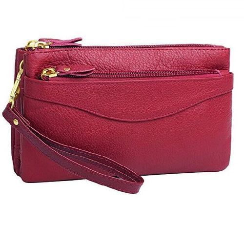 Plain Design Pink Color Ladies Rectangular Shape Leather Purse With Zipper Closure Style