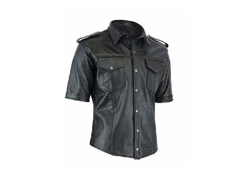 Short Sleeve Xs To Xl Size Men Black Color Leather Shirt With Button Closure Style For Casual Wear