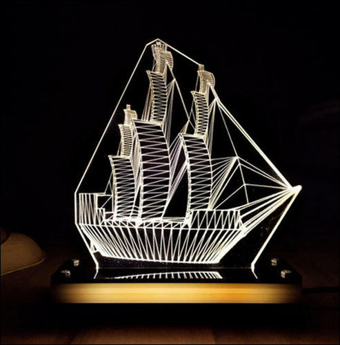 Acrylic Ship Design 3d Illusion Night Lamp, 500 Gm, 20 Cm On Each Side