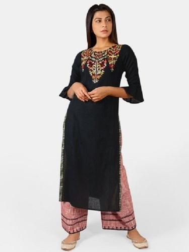 Khadi Cotton Embroidered Kurti with Palazzo Pant - Regular Fit, Calf Length, Round Neck, 3/4th Sleeves, Breathable and Quick Dry, Available in Multiple Sizes