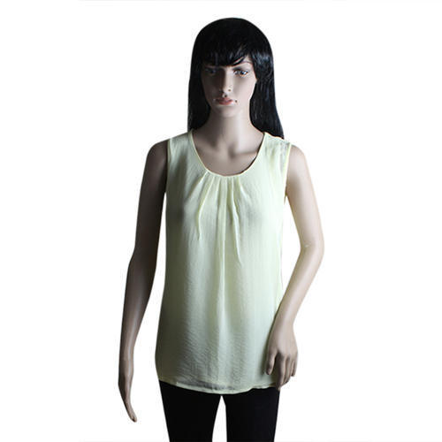 Cream Color Sleeveless Round Neck Regular Fit Casual Wear Ladies Georgette Plain Top