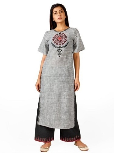 Gray Khadi Cotton Embroidered Kurti With Black Palazzo Pant - Relax Fit, Calf Length, Half Sleeves, Breathable and Quick Dry Features | Ideal for Spring, Summer, and Winter